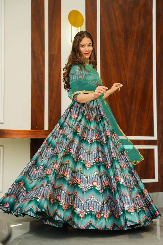 Stunning Green Multicolor Gujarati Embroidered Navratri Chaniya Choli with Dupatta