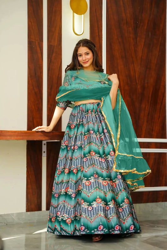 Stunning Green Multicolor Gujarati Embroidered Navratri Chaniya Choli with Dupatta