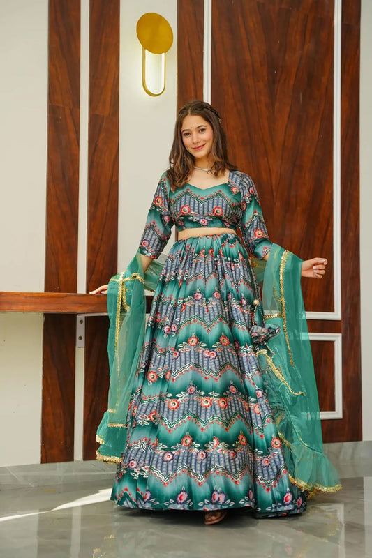Stunning Green Multicolor Gujarati Embroidered Navratri Chaniya Choli with Dupatta