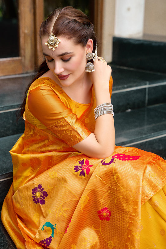 Elegant Yellow Silk Saree Peacock Motifs Traditional Festive Wear