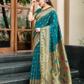 Teal Green Silk Saree Peacock Floral Pallu Traditional Festive Wear