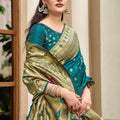 Teal Green Silk Saree Peacock Floral Pallu Traditional Festive Wear