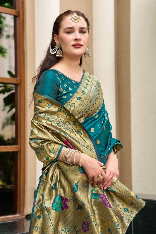 Teal Green Silk Saree Peacock Floral Pallu Traditional Festive Wear