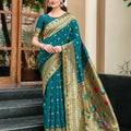 Teal Green Silk Saree Peacock Floral Pallu Traditional Festive Wear