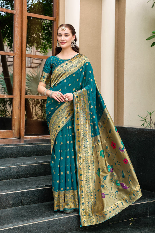 Teal Green Silk Saree Peacock Floral Pallu Traditional Festive Wear
