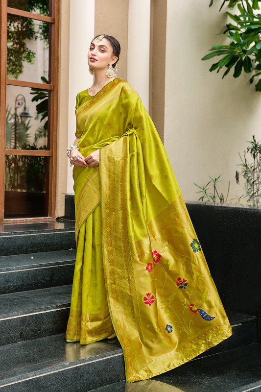 Parrot Green Silk Saree Peacock Floral Pallu Traditional Festive Wear