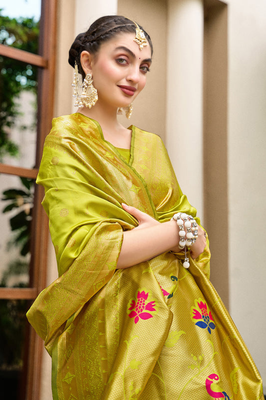 Parrot Green Silk Saree Peacock Floral Pallu Traditional Festive Wear