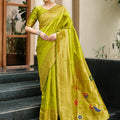Parrot Green Silk Saree Peacock Floral Pallu Traditional Festive Wear