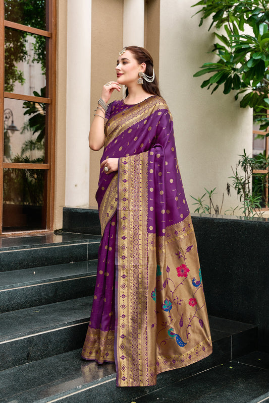 Royal Purple Silk Saree Peacock Floral Pallu Traditional Festive Wear