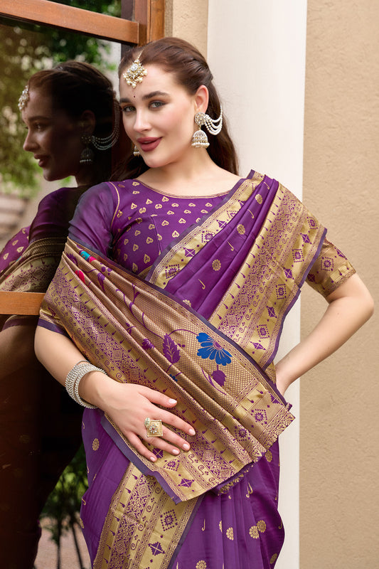 Royal Purple Silk Saree Peacock Floral Pallu Traditional Festive Wear
