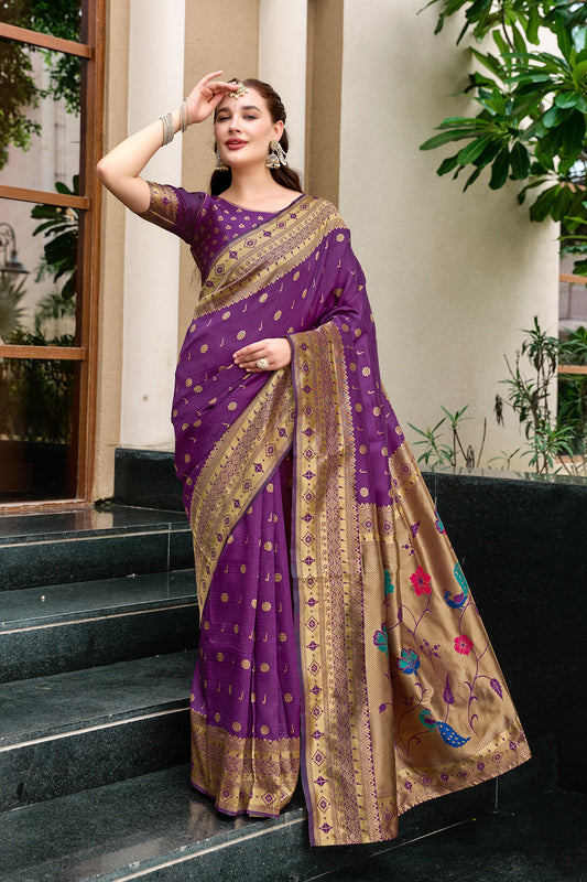 Royal Purple Silk Saree Peacock Floral Pallu Traditional Festive Wear