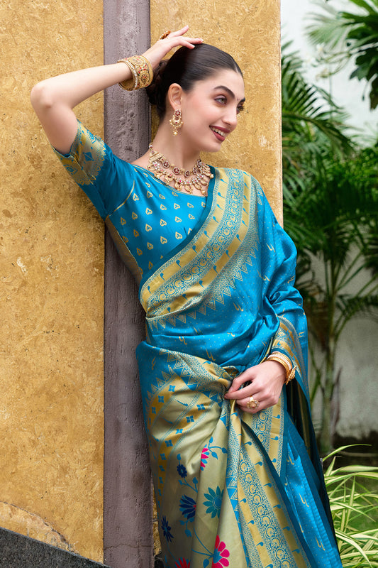 Elegant Blue Silk Saree Floral Festive Wear