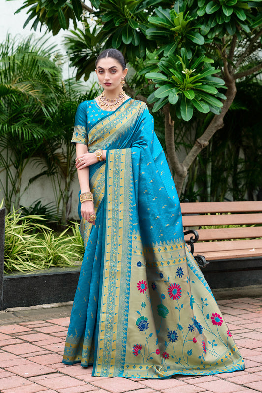 Elegant Blue Silk Saree Floral Festive Wear