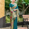 Teal Green Silk Saree Pallu Floral Pallu Festive Wear