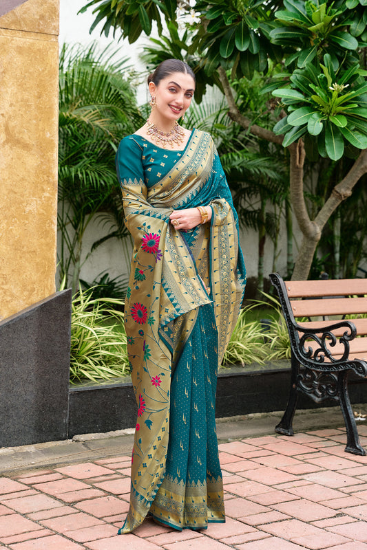 Teal Green Silk Saree Pallu Floral Pallu Festive Wear