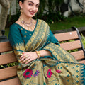 Teal Green Silk Saree Pallu Floral Pallu Festive Wear