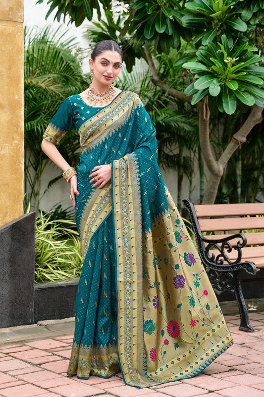 Teal Green Silk Saree Pallu Floral Pallu Festive Wear