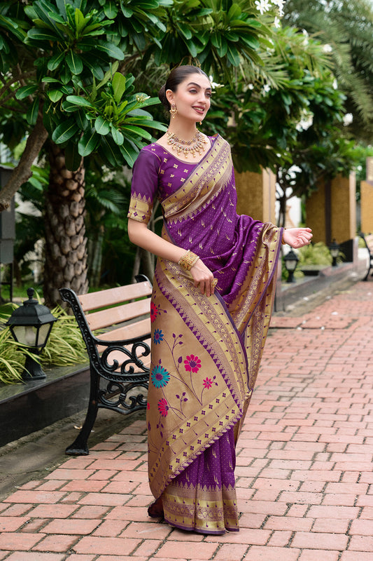Elegant Purple Banarasi Silk Saree Floral Design