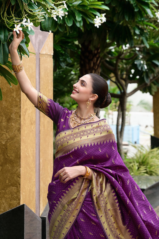 Elegant Purple Banarasi Silk Saree Floral Design
