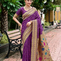 Elegant Purple Banarasi Silk Saree Floral Design