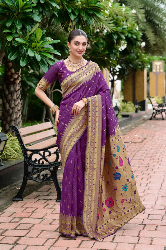 Elegant Purple Banarasi Silk Saree Floral Design