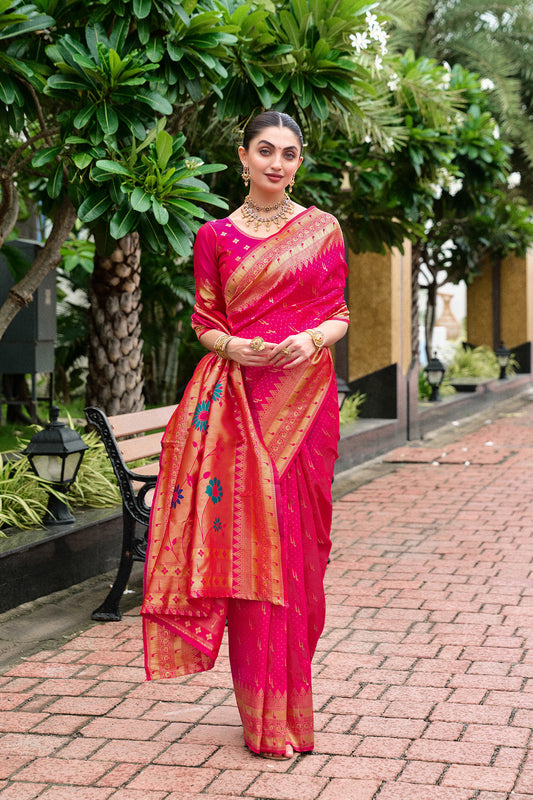 Stunning Pink Banarasi Silk Saree Floral Pallu Design