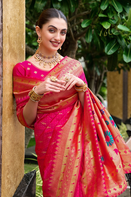 Stunning Pink Banarasi Silk Saree Floral Pallu Design