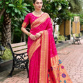 Stunning Pink Banarasi Silk Saree Floral Pallu Design