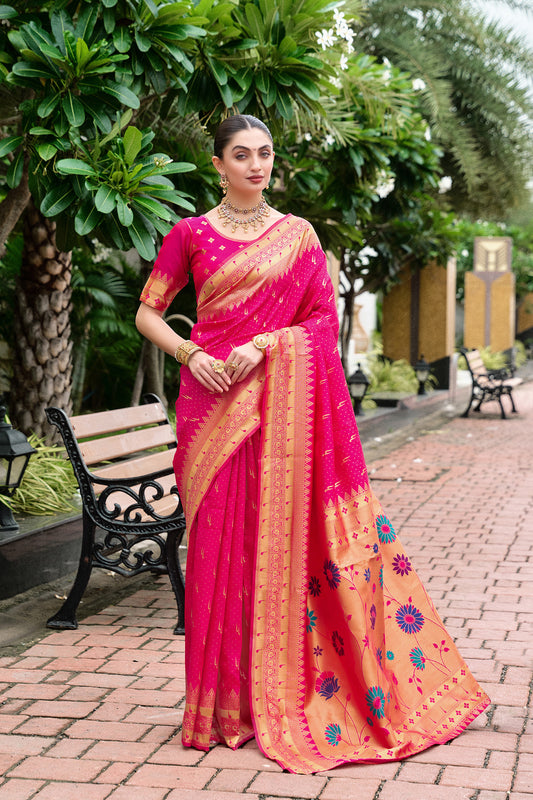Stunning Pink Banarasi Silk Saree Floral Pallu Design
