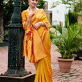 Traditional Yellow Banarasi Silk Saree Colorful Floral Pallu