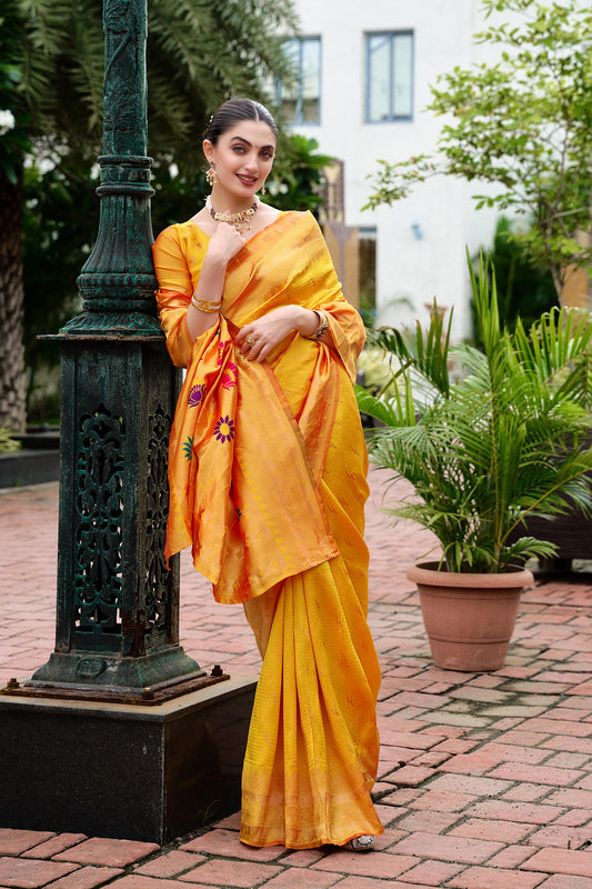 Traditional Yellow Banarasi Silk Saree Colorful Floral Pallu