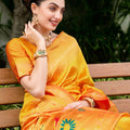 Traditional Yellow Banarasi Silk Saree Colorful Floral Pallu