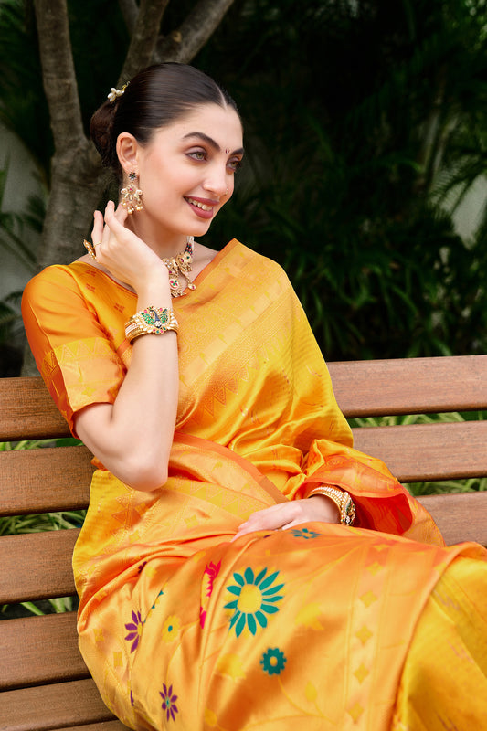 Traditional Yellow Banarasi Silk Saree Colorful Floral Pallu