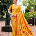 Traditional Yellow Banarasi Silk Saree Colorful Floral Pallu