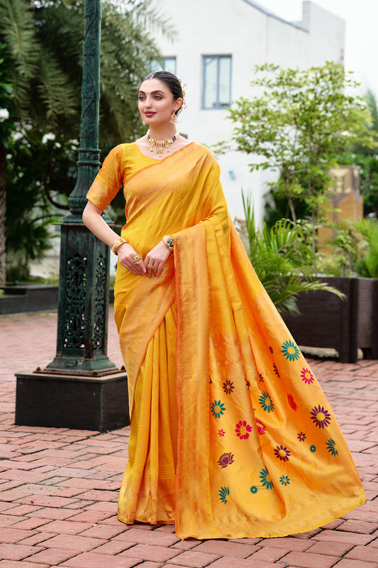 Traditional Yellow Banarasi Silk Saree Colorful Floral Pallu
