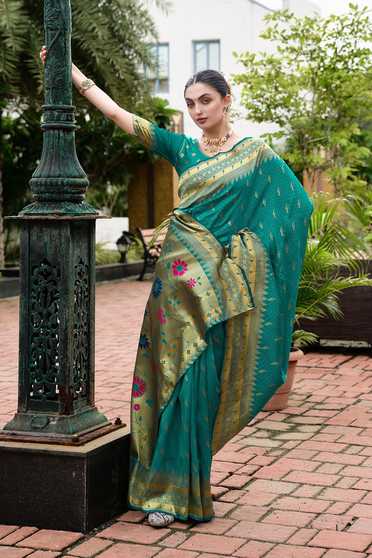 Elegant Teal Green Banarasi Silk Saree Floral Pallu Design