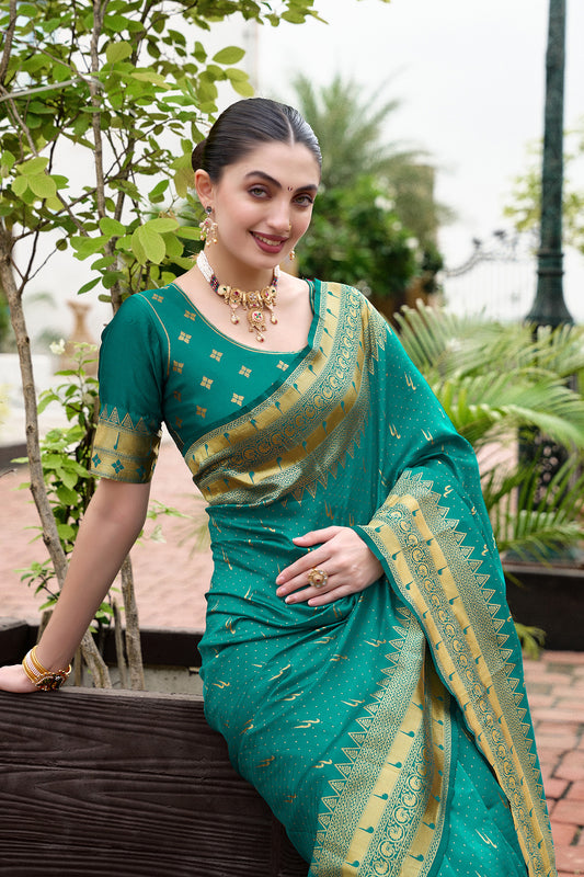 Elegant Teal Green Banarasi Silk Saree Floral Pallu Design