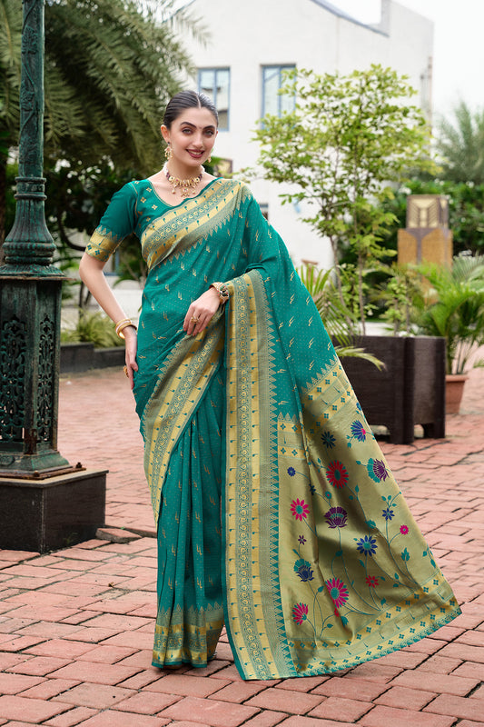 Elegant Teal Green Banarasi Silk Saree Floral Pallu Design