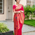 Designer Pink Banarasi Silk Saree Floral Pallu