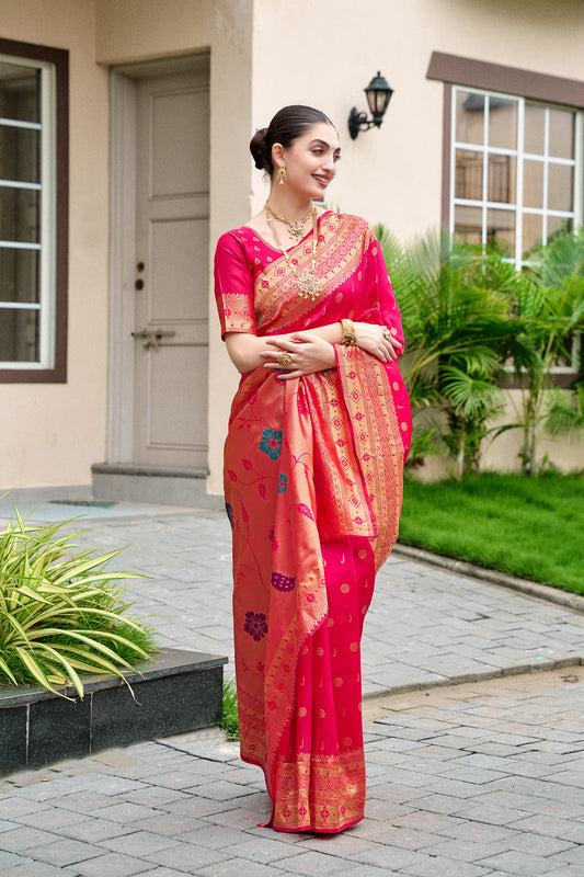 Designer Pink Banarasi Silk Saree Floral Pallu