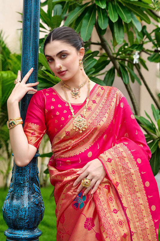 Designer Pink Banarasi Silk Saree Floral Pallu