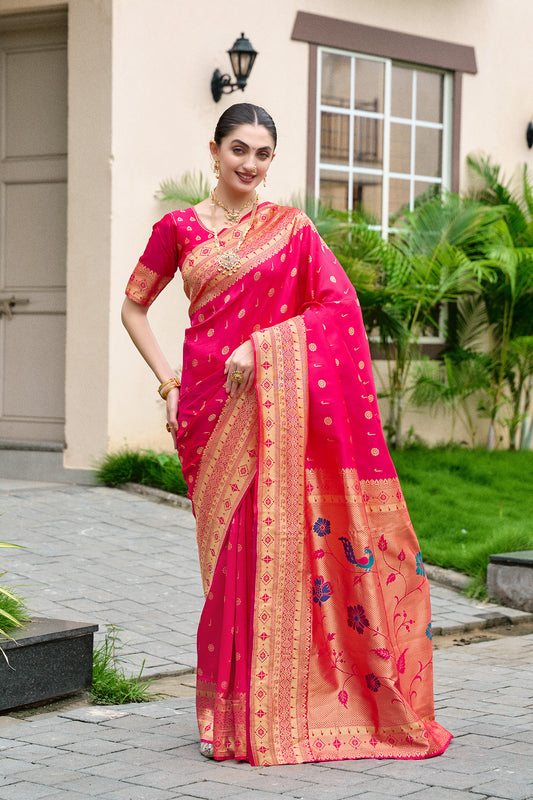 Designer Pink Banarasi Silk Saree Floral Pallu
