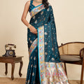 Teal Blue Banarasi Silk Saree with Multicolor Designer Pallu Festive Wear