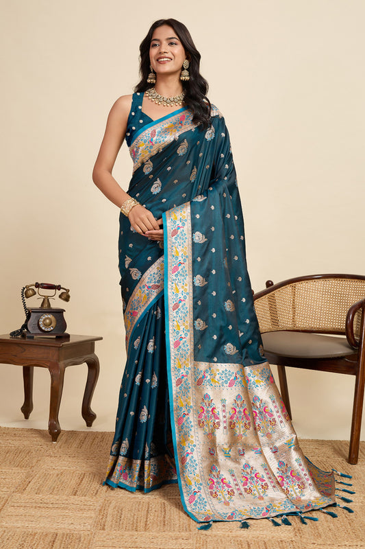 Teal Blue Banarasi Silk Saree with Multicolor Designer Pallu Festive Wear