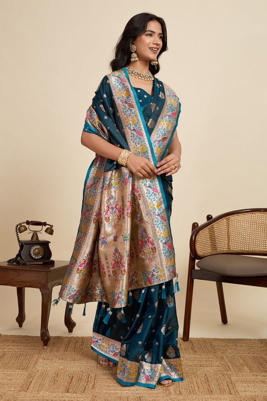 Teal Blue Banarasi Silk Saree with Multicolor Designer Pallu Festive Wear