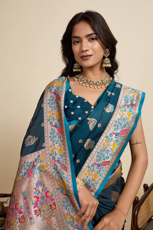 Teal Blue Banarasi Silk Saree with Multicolor Designer Pallu Festive Wear