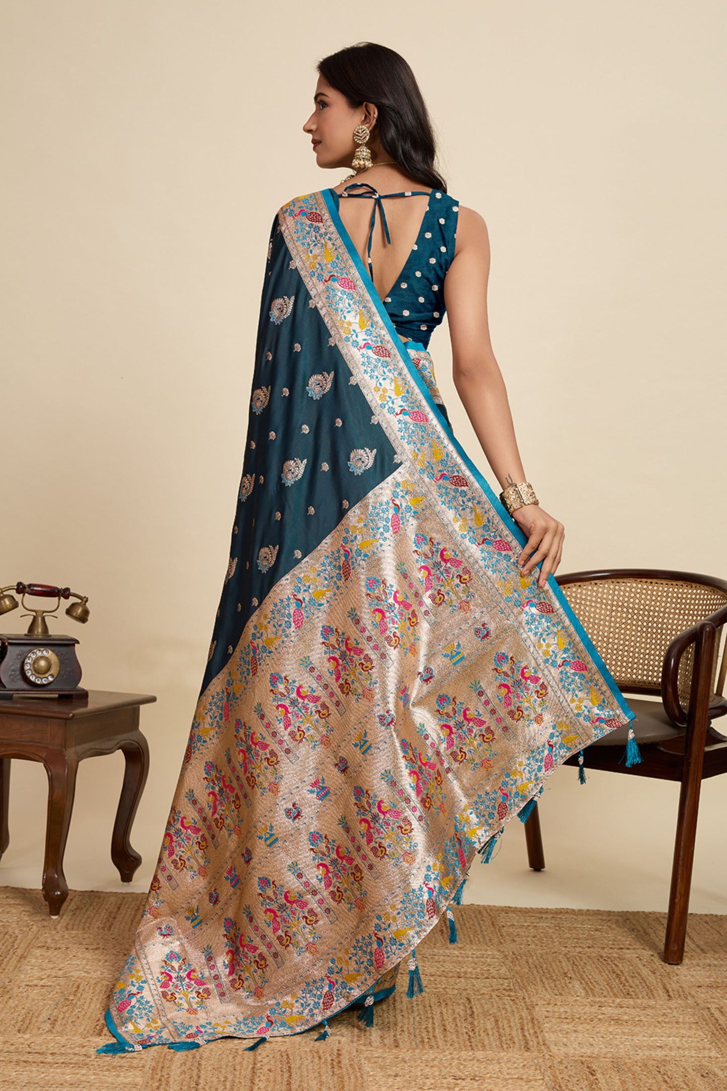 Teal Blue Banarasi Silk Saree with Multicolor Designer Pallu Festive Wear