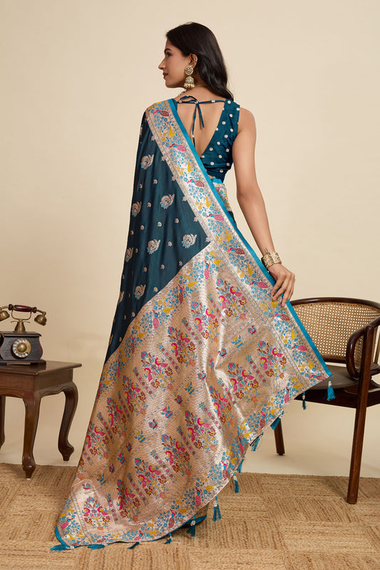 Teal Blue Banarasi Silk Saree with Multicolor Designer Pallu Festive Wear