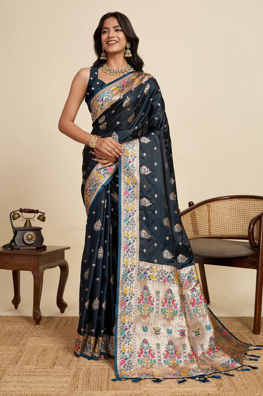 Navy Blue Banarasi Silk Saree with Rich Contrast Pallu Festive Wear Saree