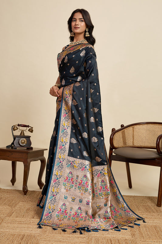 Navy Blue Banarasi Silk Saree with Rich Contrast Pallu Festive Wear Saree